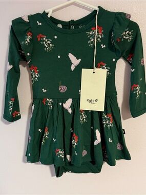 Kyte Baby Long Sleeve Twirl Bodysuit Dress, Mistletoe Doves, 6-12 Month